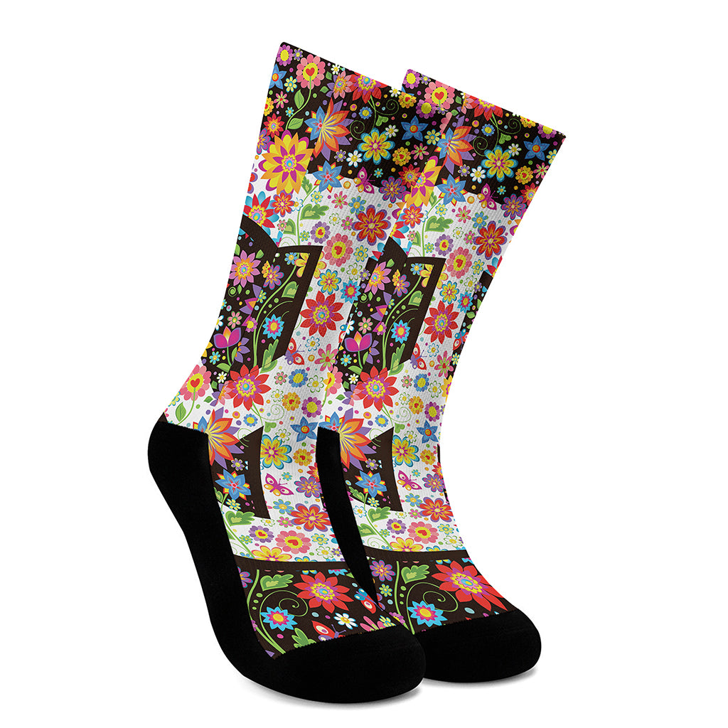 Hippie Flower Peace Sign Print Crew Socks