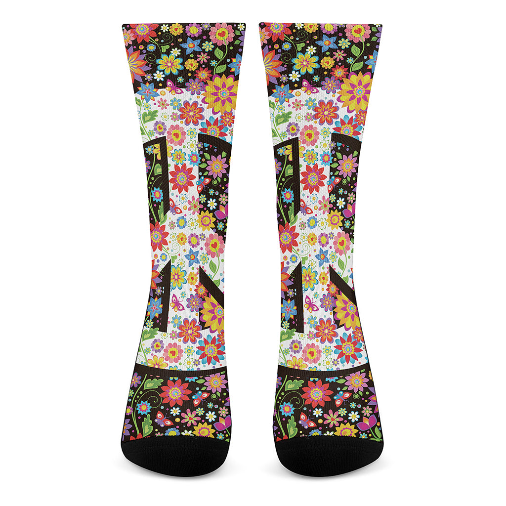 Hippie Flower Peace Sign Print Crew Socks