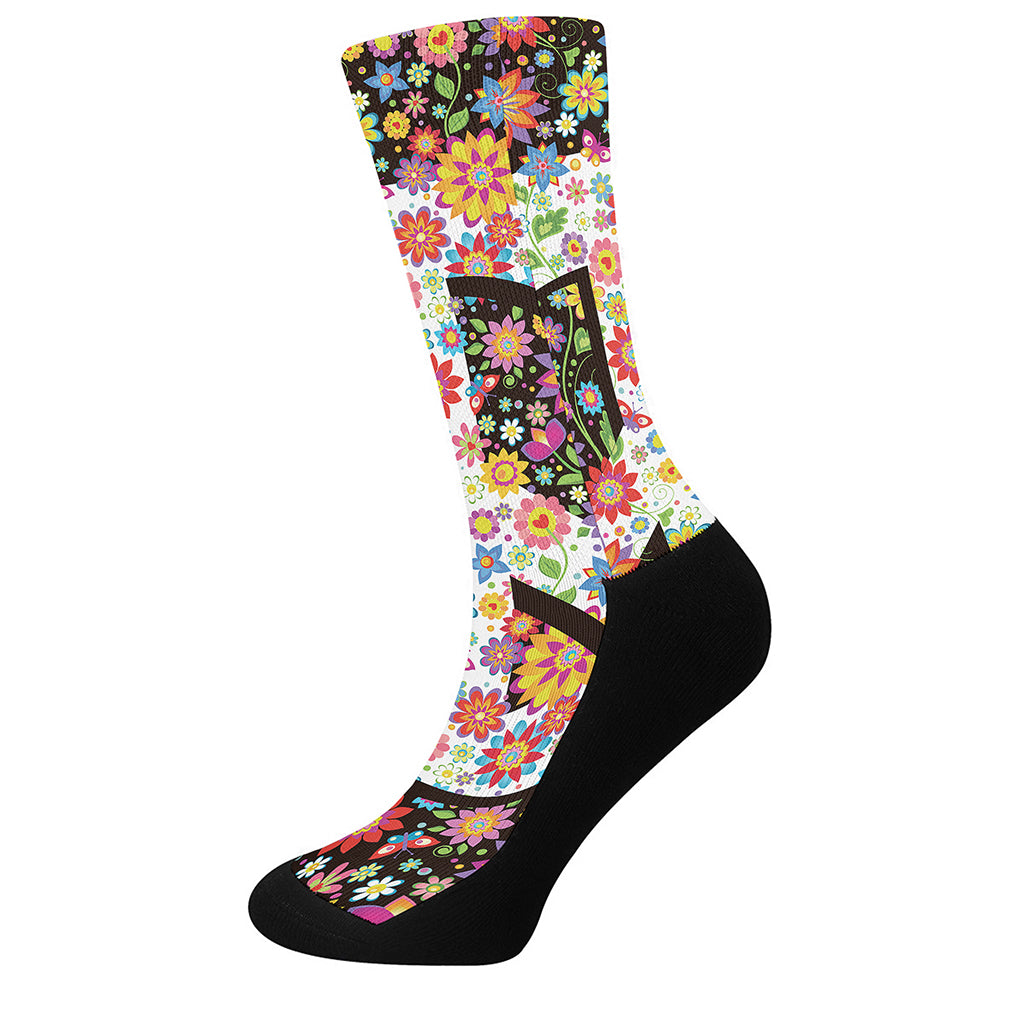 Hippie Flower Peace Sign Print Crew Socks