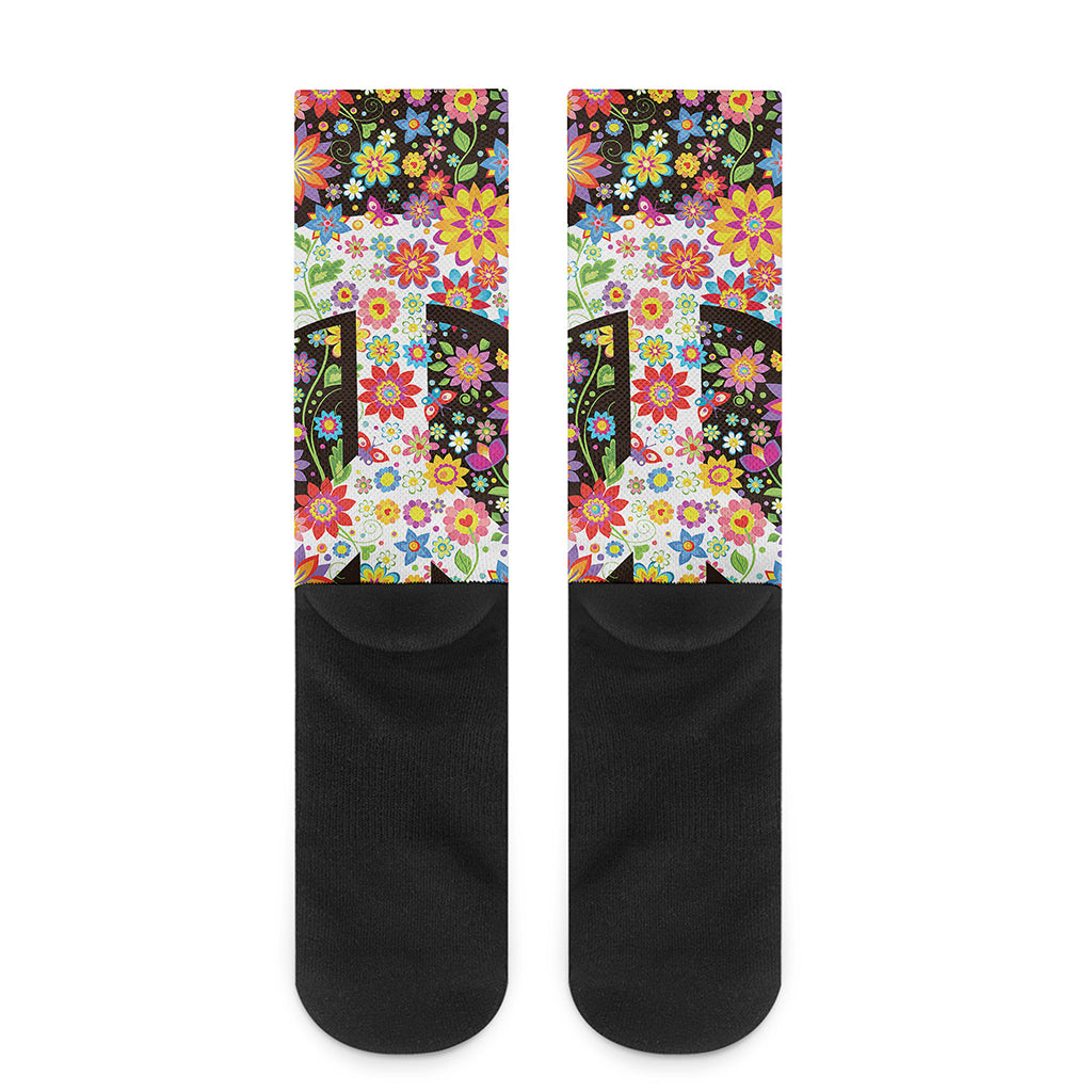 Hippie Flower Peace Sign Print Crew Socks