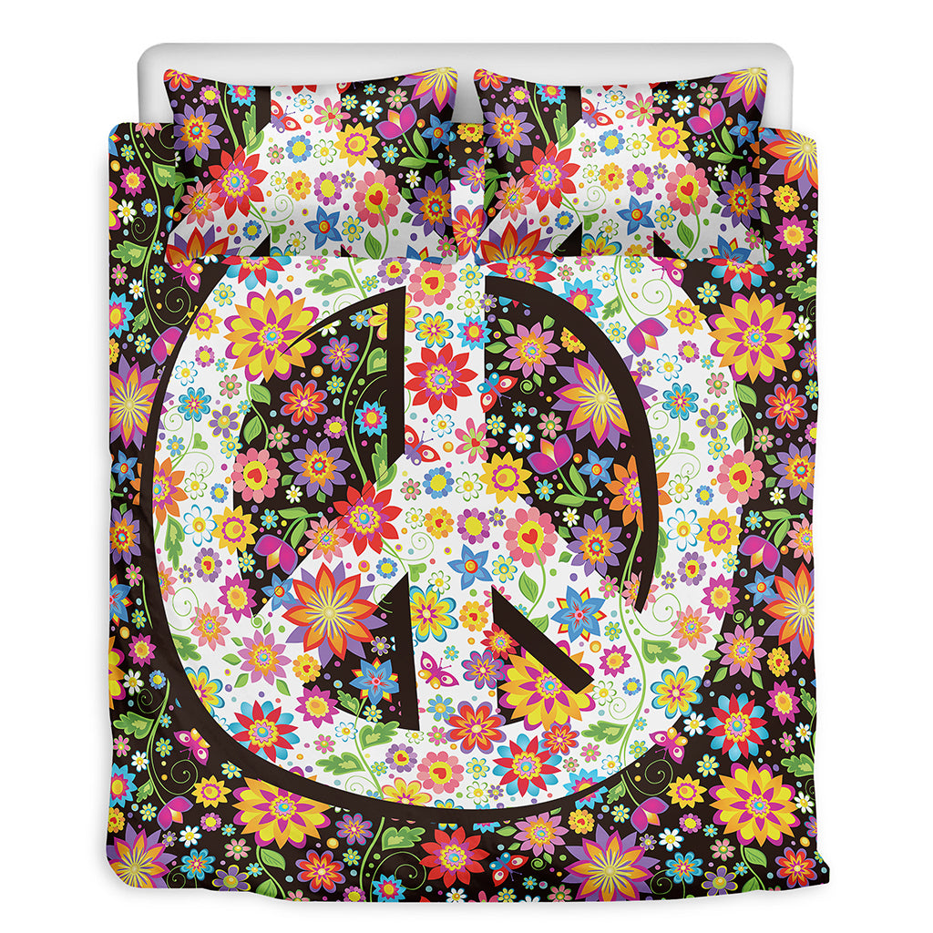 Hippie Flower Peace Sign Print Duvet Cover Bedding Set