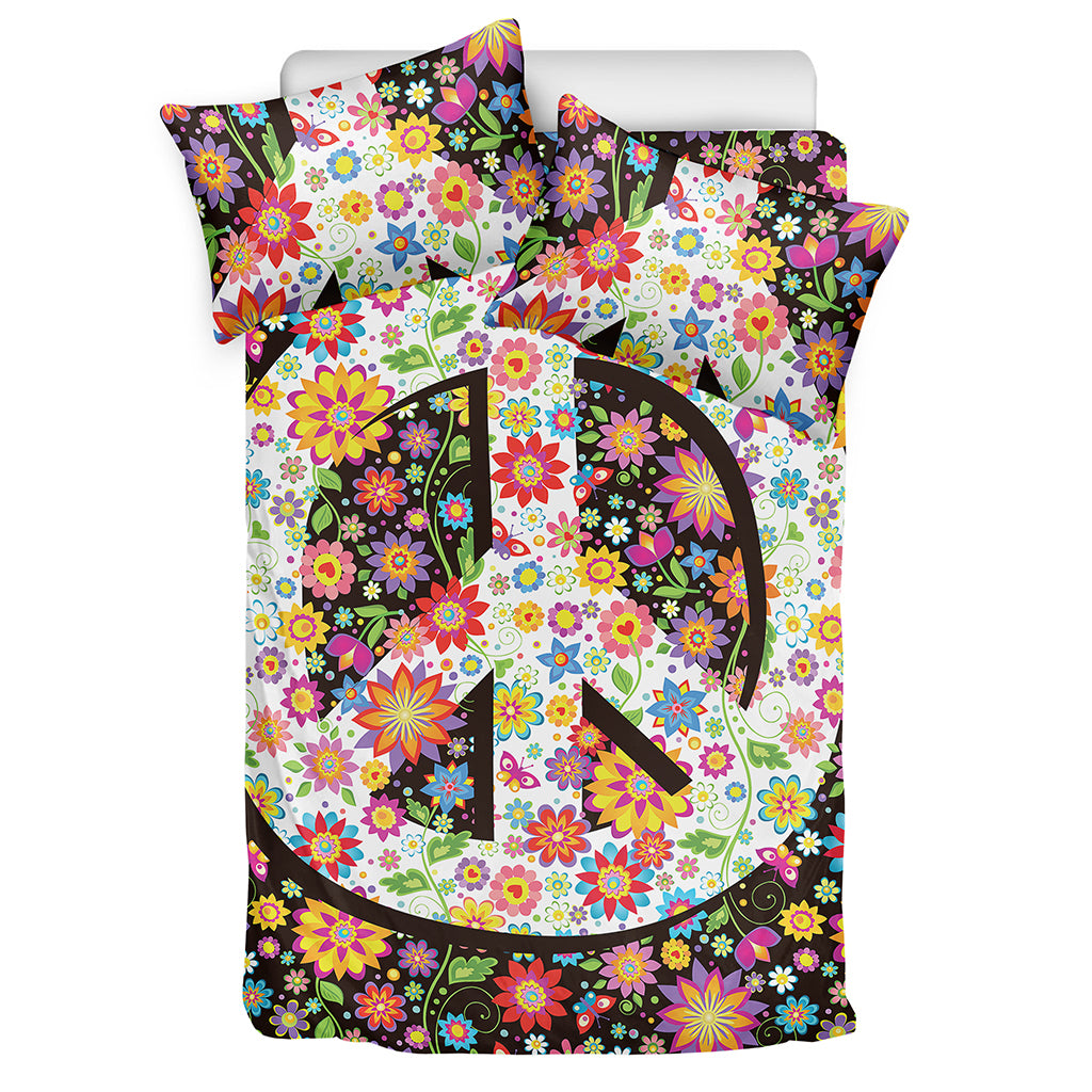 Hippie Flower Peace Sign Print Duvet Cover Bedding Set