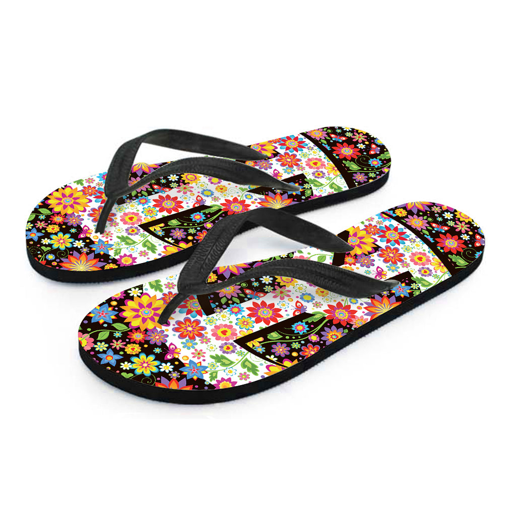 Hippie Flower Peace Sign Print Flip Flops