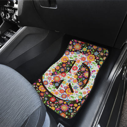 Hippie Flower Peace Sign Print Front and Back Car Floor Mats