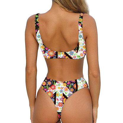 Hippie Flower Peace Sign Print Front Bow Tie Bikini