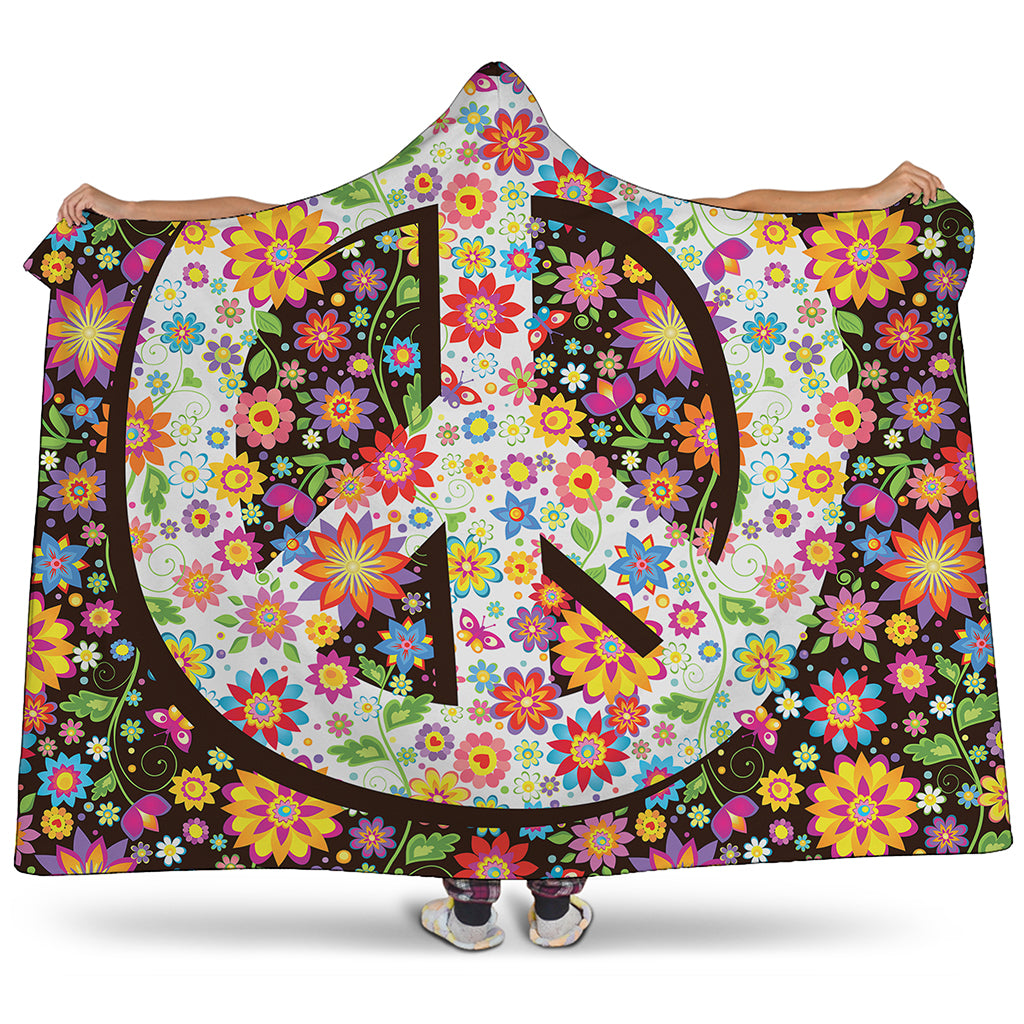 Hippie Flower Peace Sign Print Hooded Blanket