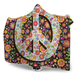 Hippie Flower Peace Sign Print Hooded Blanket