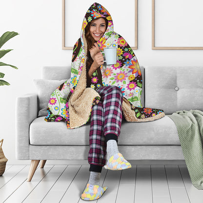 Hippie Flower Peace Sign Print Hooded Blanket