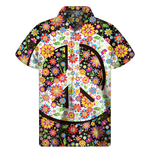 Hippie Flower Peace Sign Print Men's Short Sleeve Shirt