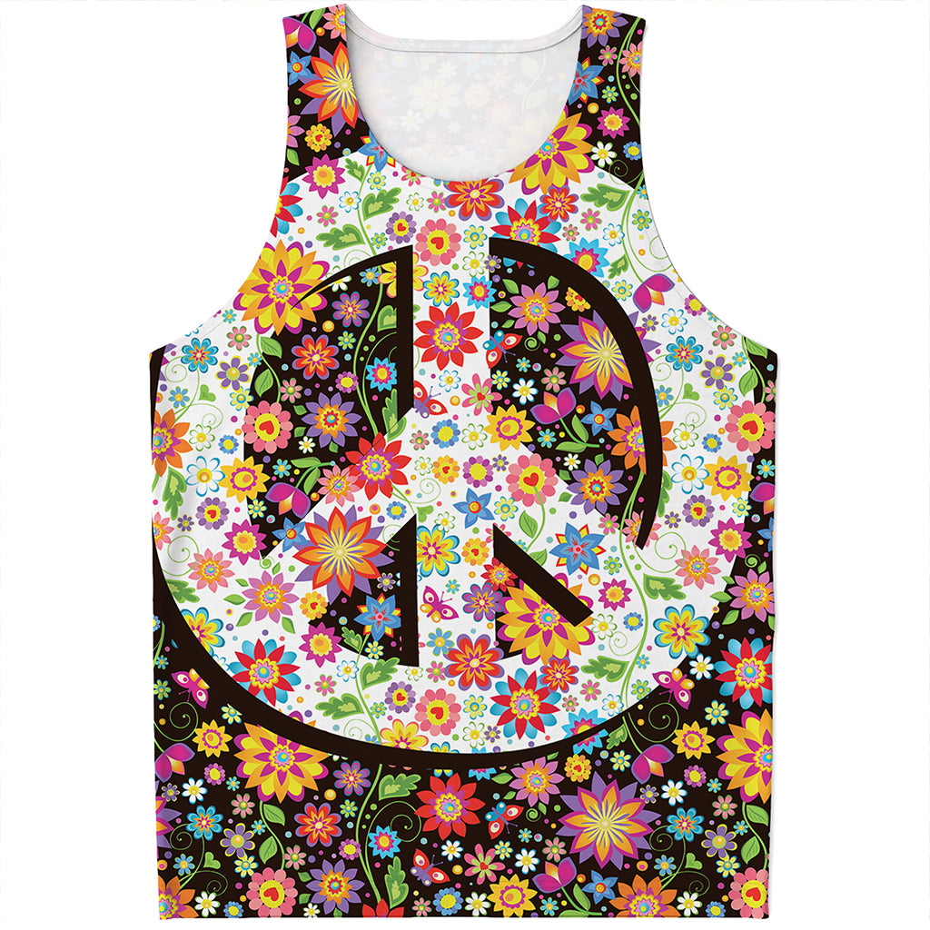 Hippie Flower Peace Sign Print Men's Tank Top