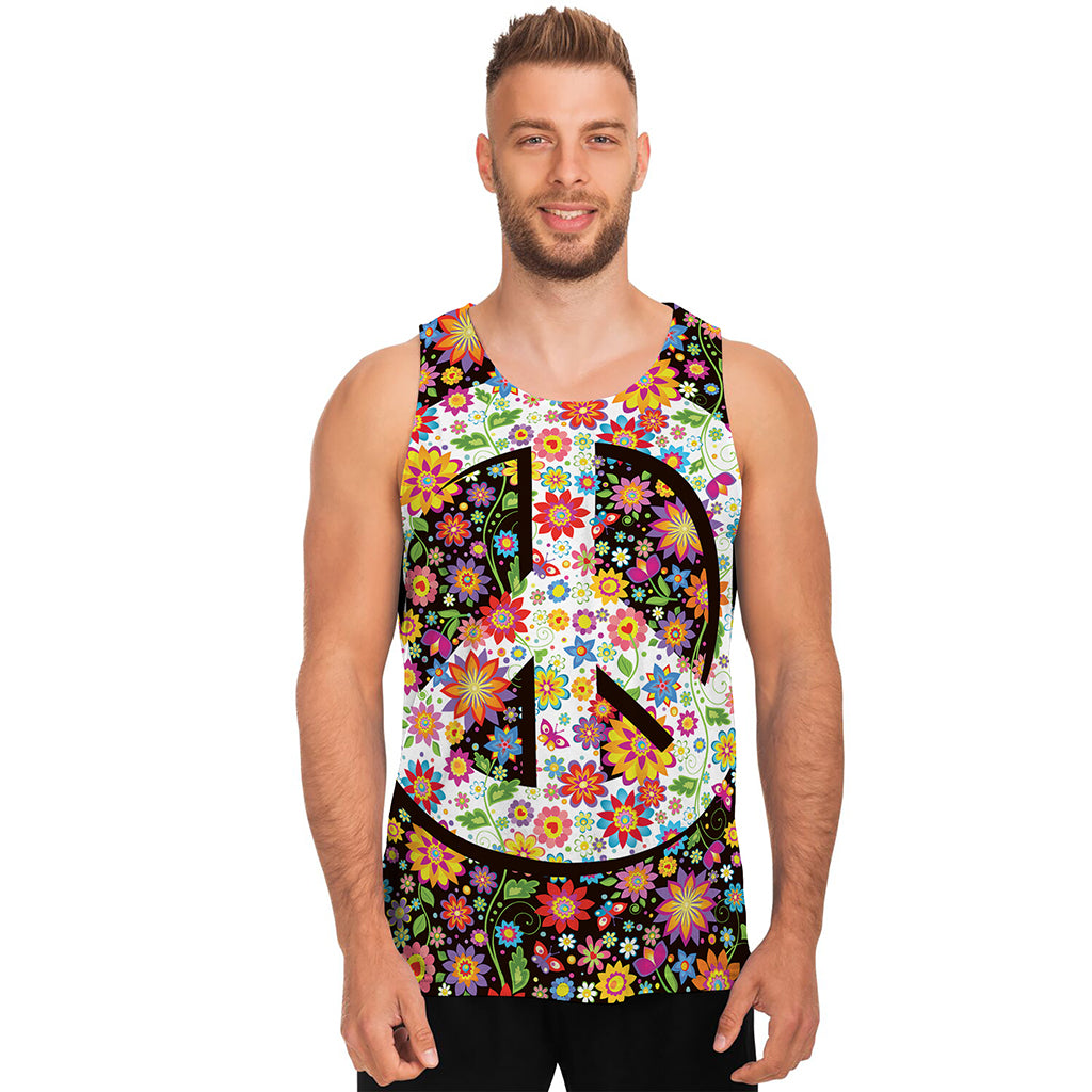 Hippie Flower Peace Sign Print Men's Tank Top