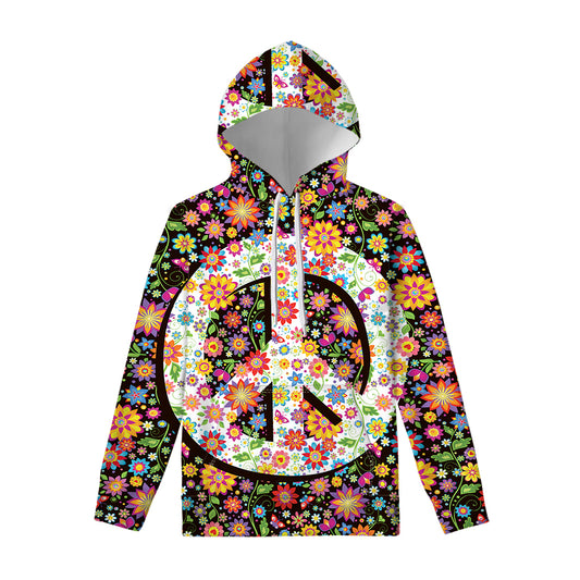 Hippie Flower Peace Sign Print Pullover Hoodie