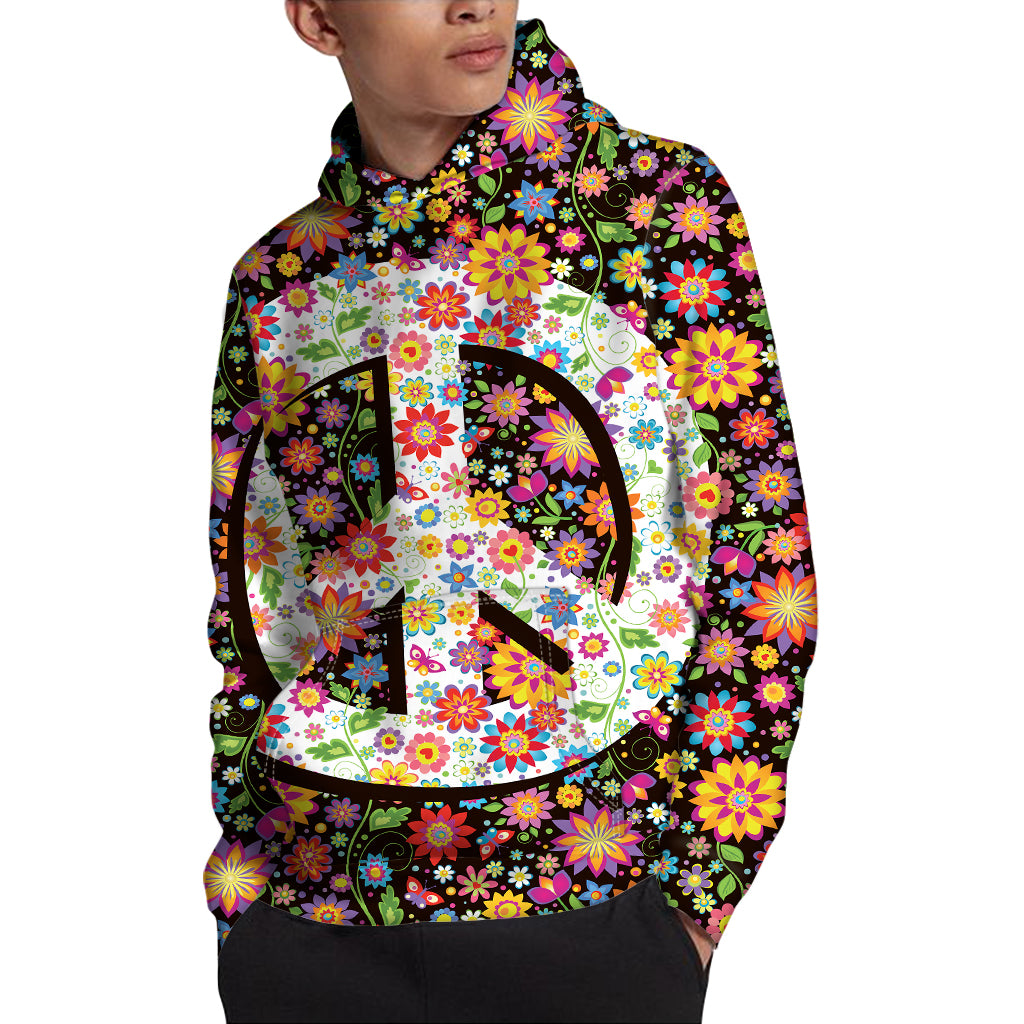 Hippie Flower Peace Sign Print Pullover Hoodie
