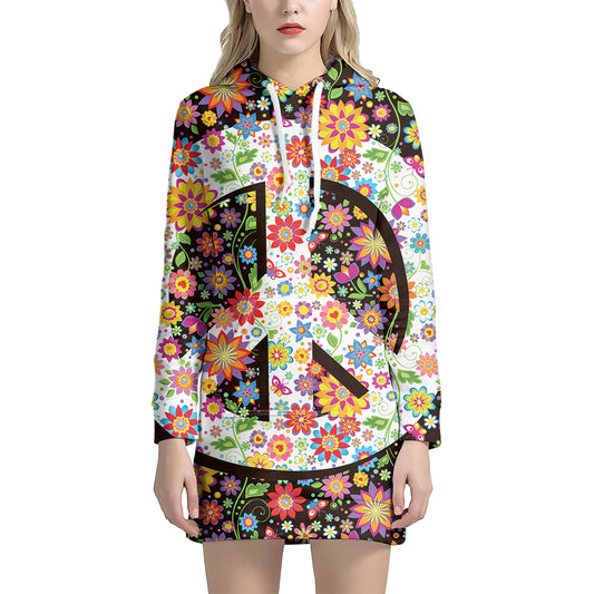 Hippie Flower Peace Sign Print Pullover Hoodie Dress
