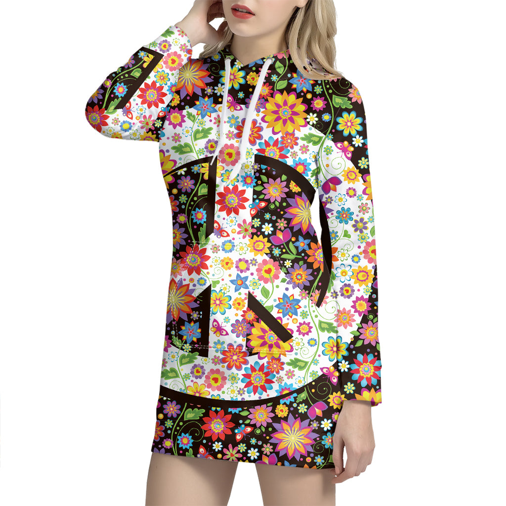 Hippie Flower Peace Sign Print Pullover Hoodie Dress