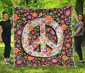 Hippie Flower Peace Sign Print Quilt