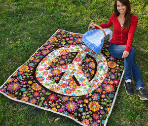 Hippie Flower Peace Sign Print Quilt