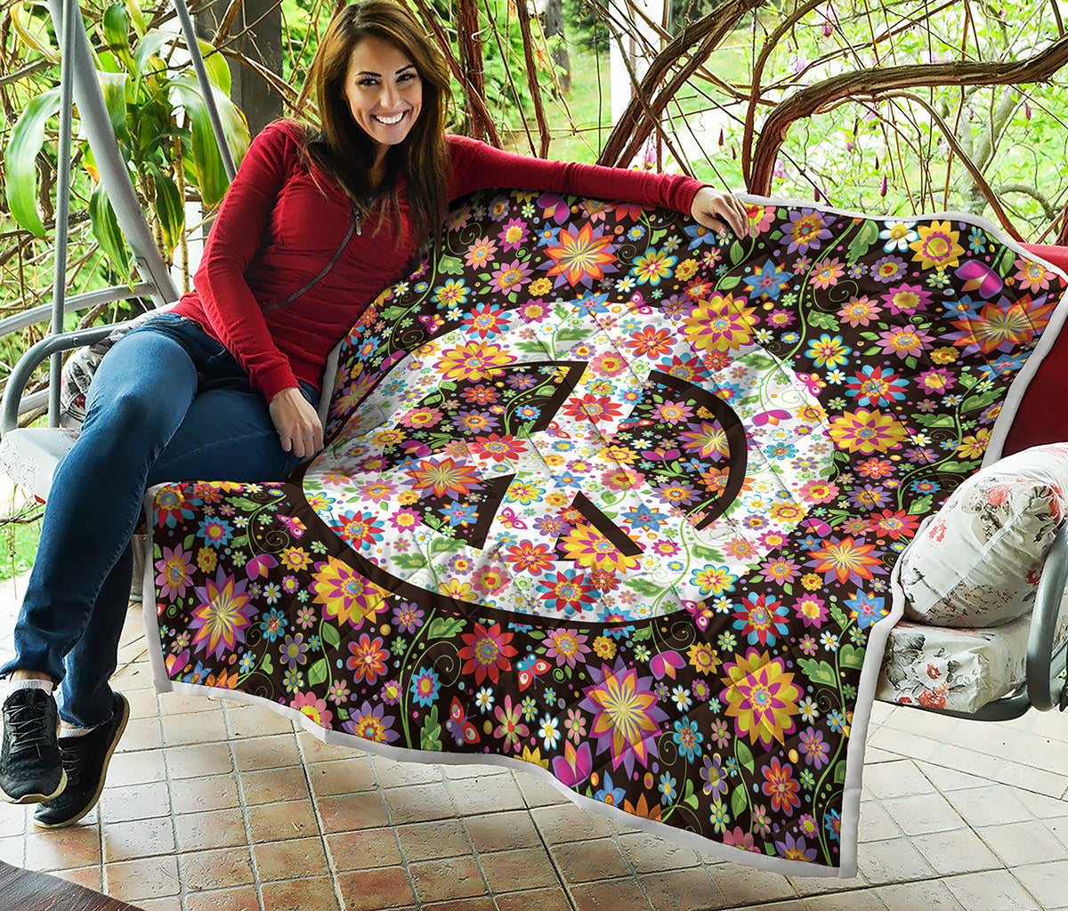 Hippie Flower Peace Sign Print Quilt