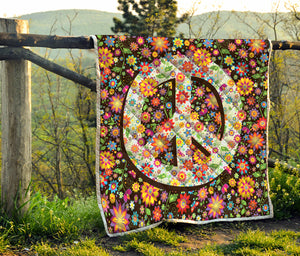 Hippie Flower Peace Sign Print Quilt