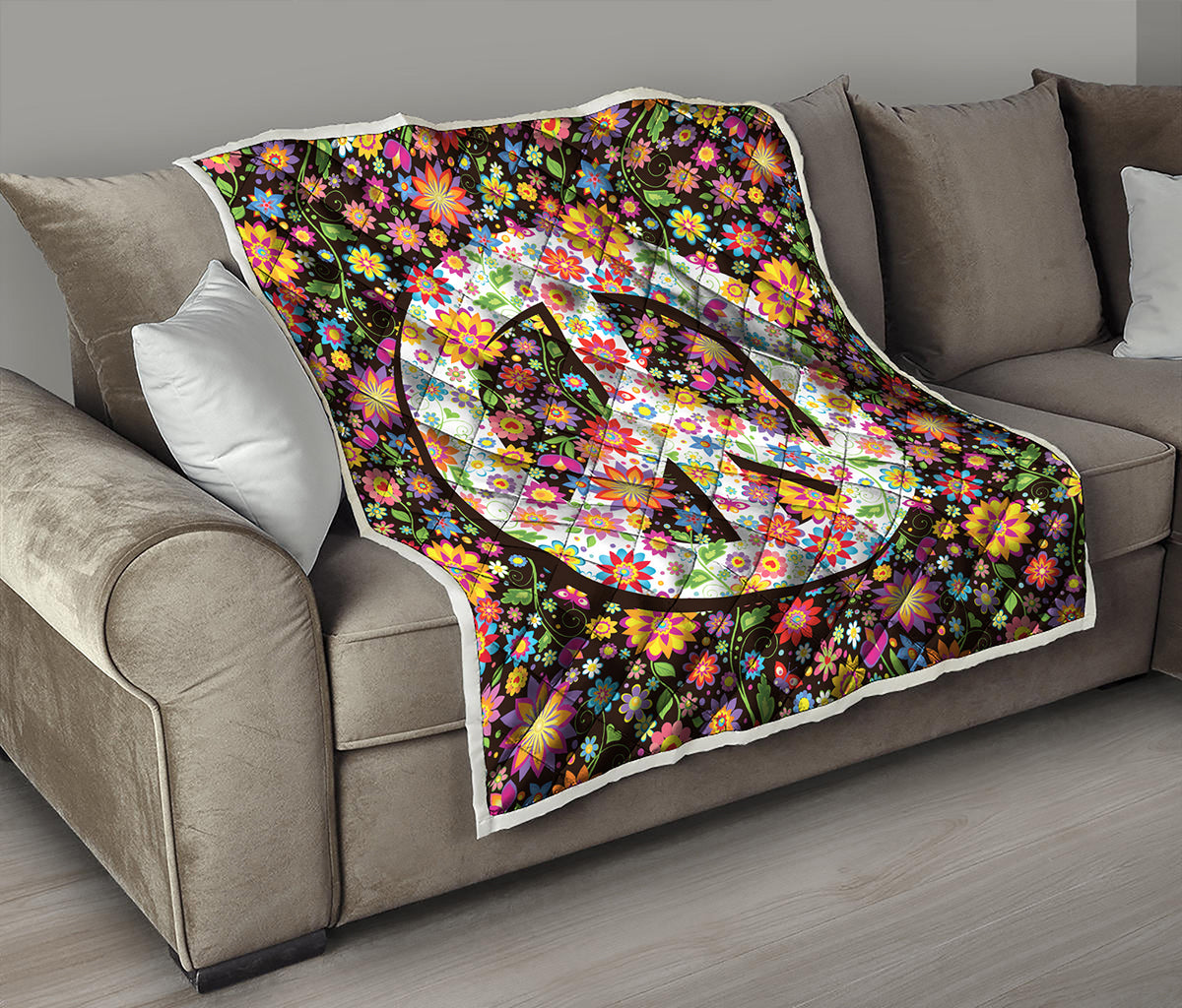 Hippie Flower Peace Sign Print Quilt