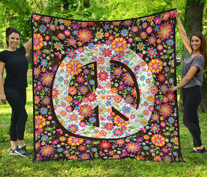 Hippie Flower Peace Sign Print Quilt