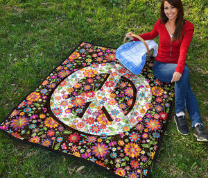 Hippie Flower Peace Sign Print Quilt