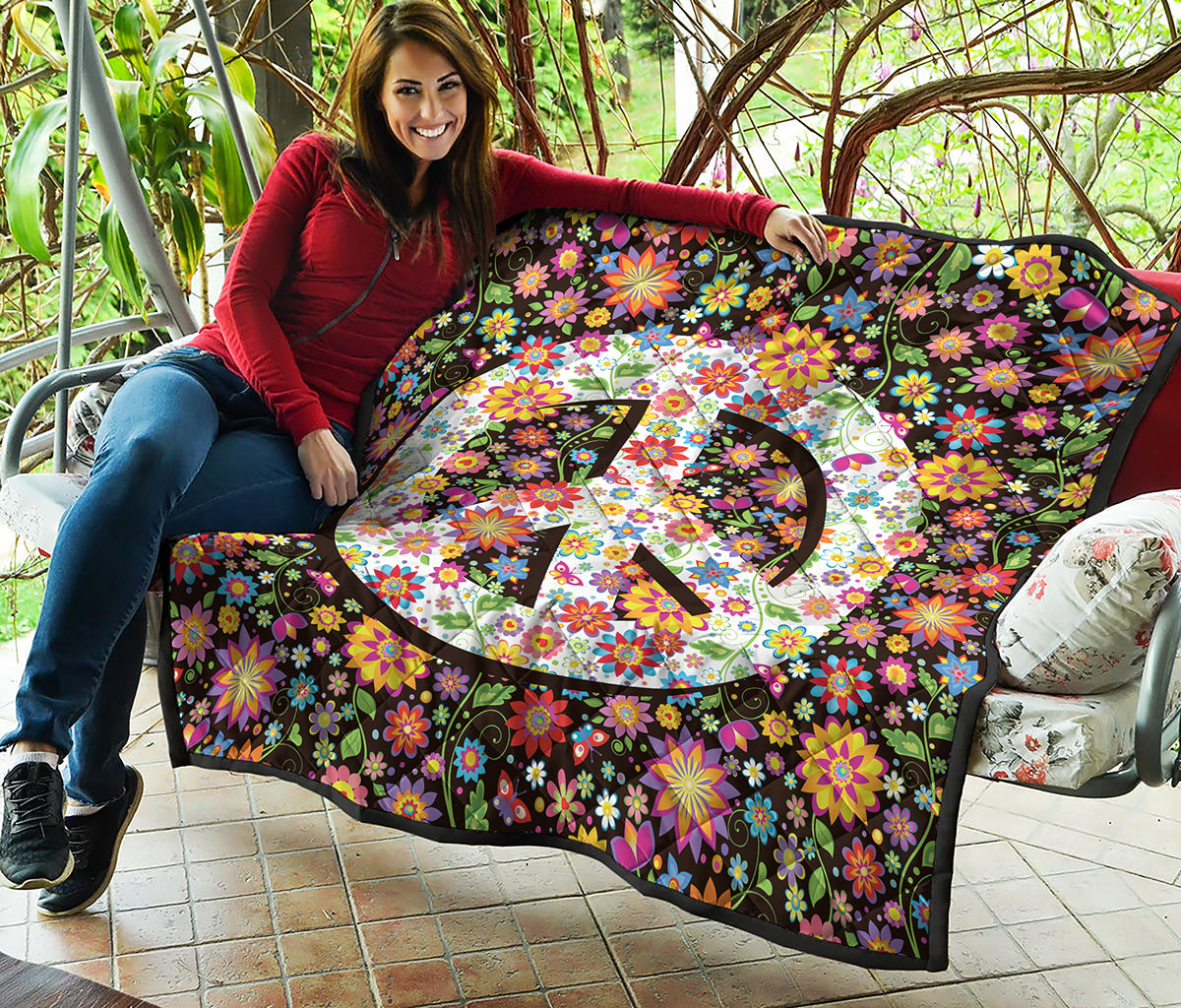 Hippie Flower Peace Sign Print Quilt