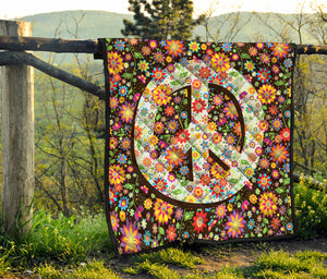 Hippie Flower Peace Sign Print Quilt