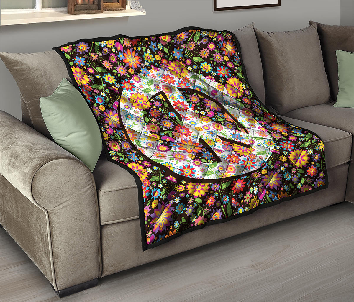 Hippie Flower Peace Sign Print Quilt