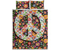 Hippie Flower Peace Sign Print Quilt Bed Set