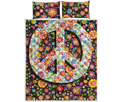 Hippie Flower Peace Sign Print Quilt Bed Set