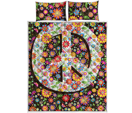 Hippie Flower Peace Sign Print Quilt Bed Set