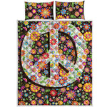 Hippie Flower Peace Sign Print Quilt Bed Set