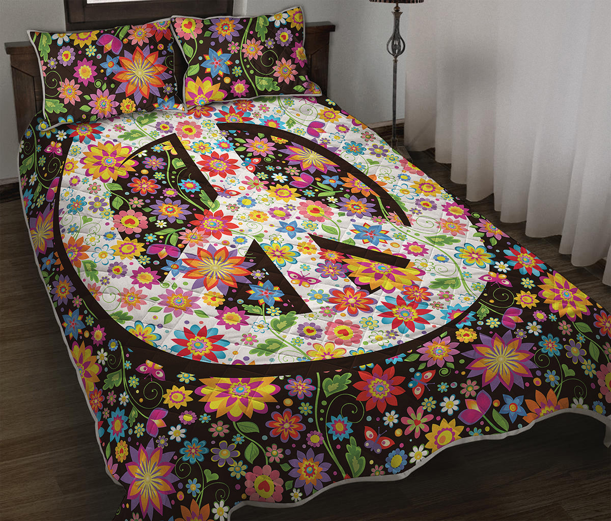 Hippie Flower Peace Sign Print Quilt Bed Set