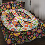 Hippie Flower Peace Sign Print Quilt Bed Set