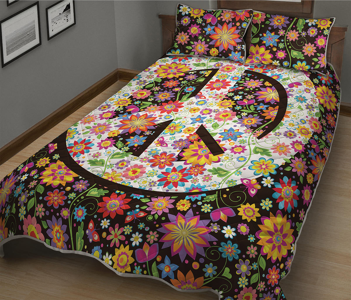 Hippie Flower Peace Sign Print Quilt Bed Set