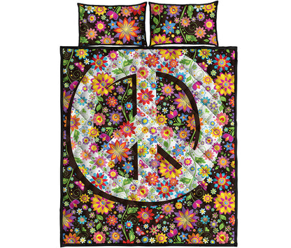 Hippie Flower Peace Sign Print Quilt Bed Set