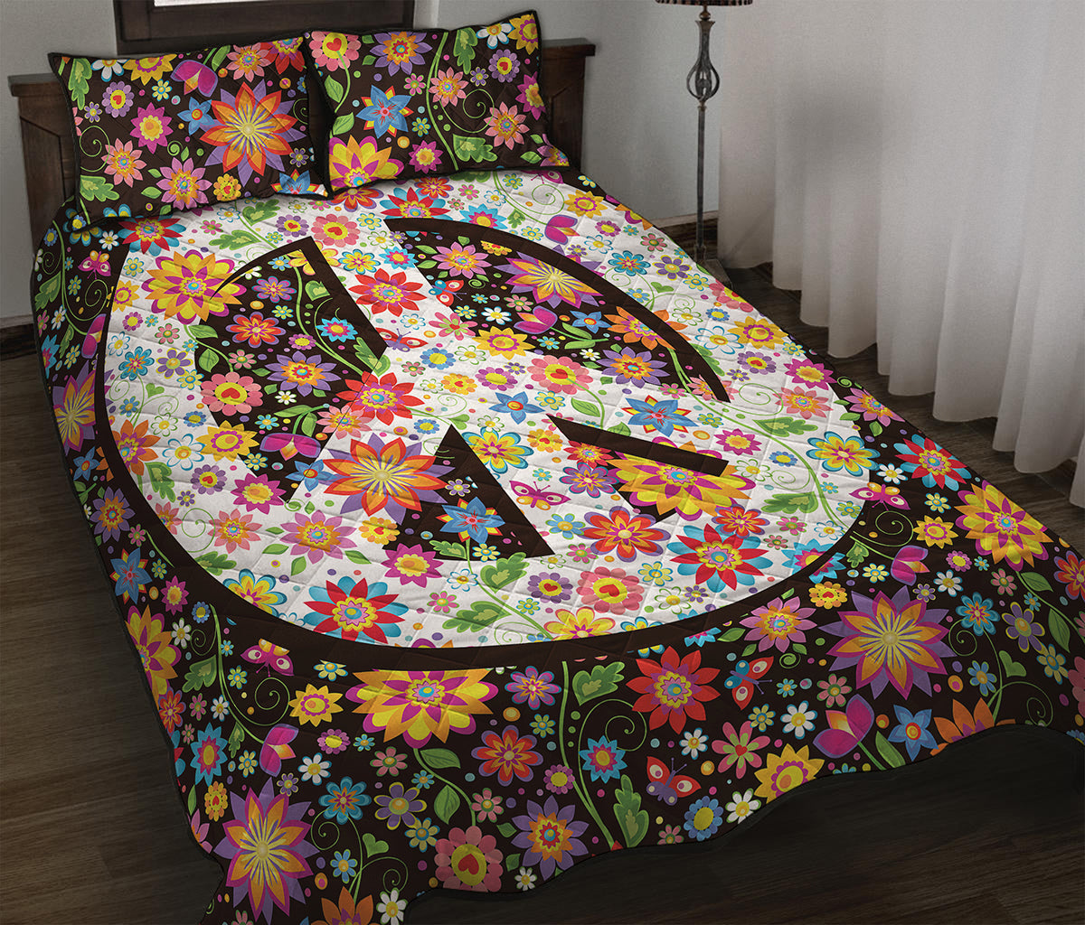 Hippie Flower Peace Sign Print Quilt Bed Set