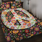 Hippie Flower Peace Sign Print Quilt Bed Set