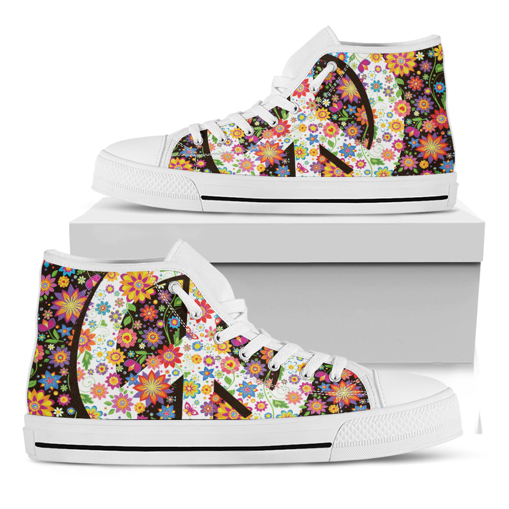 Hippie Flower Peace Sign Print White High Top Shoes