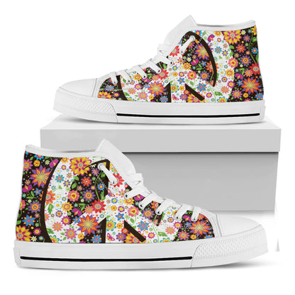 Hippie Flower Peace Sign Print White High Top Shoes
