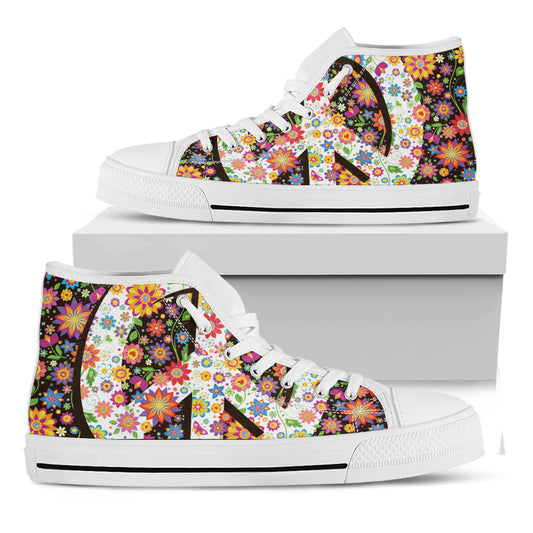 Hippie Flower Peace Sign Print White High Top Shoes