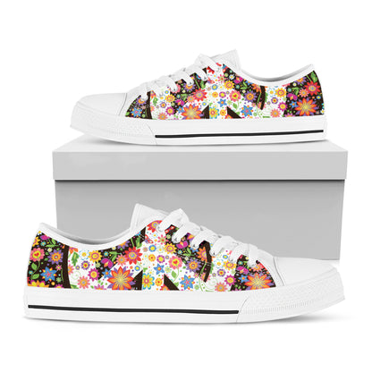 Hippie Flower Peace Sign Print White Low Top Shoes