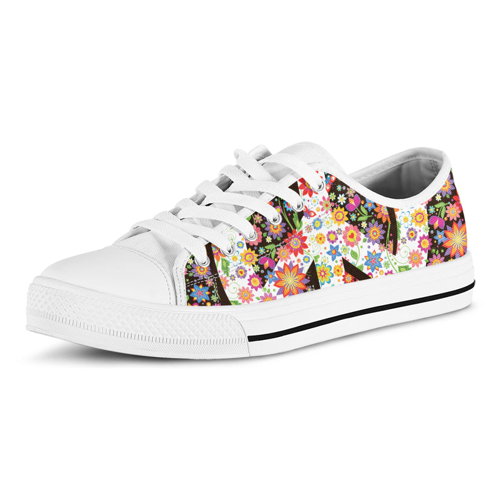 Hippie Flower Peace Sign Print White Low Top Shoes