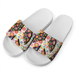 Hippie Flower Peace Sign Print White Slide Sandals