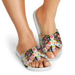 Hippie Flower Peace Sign Print White Slide Sandals