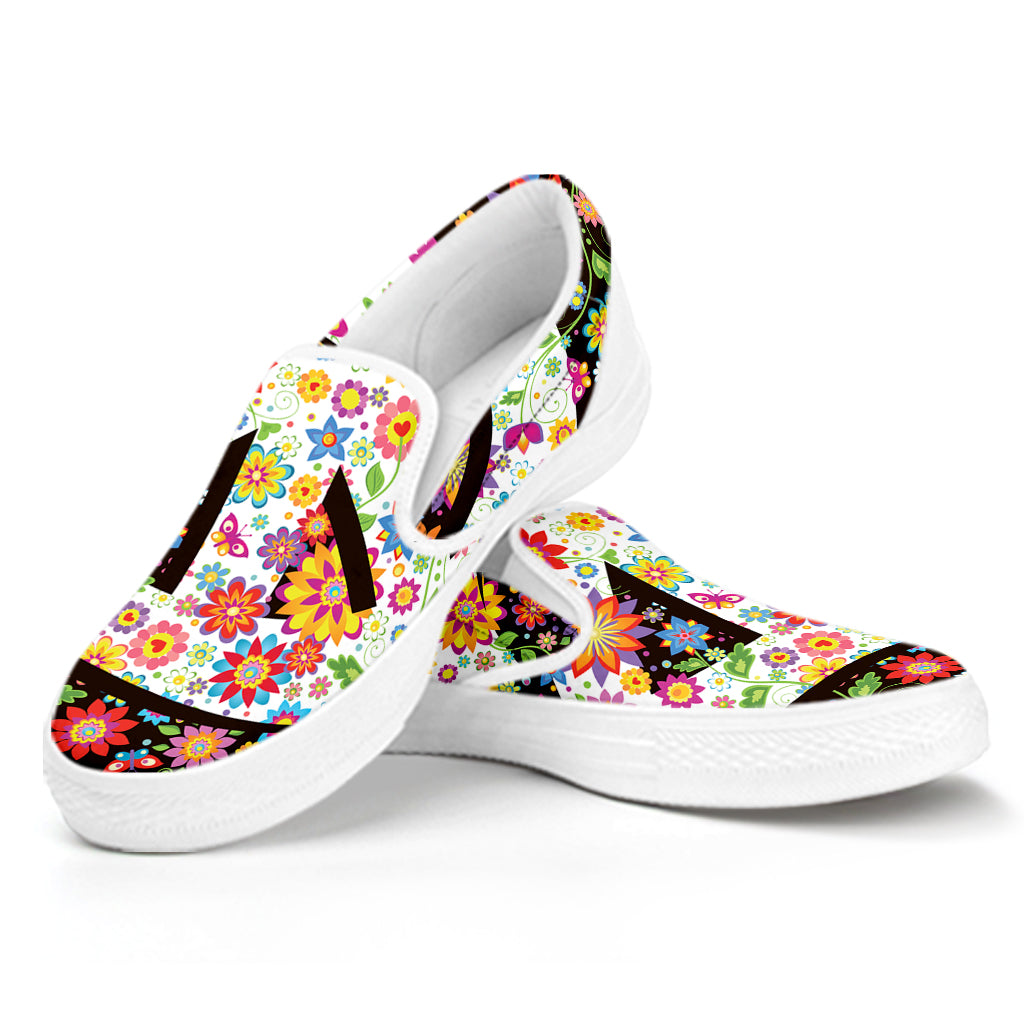 Hippie Flower Peace Sign Print White Slip On Shoes