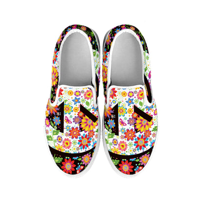 Hippie Flower Peace Sign Print White Slip On Shoes