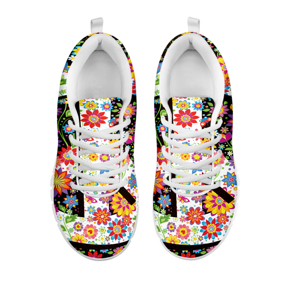 Hippie Flower Peace Sign Print White Sneakers