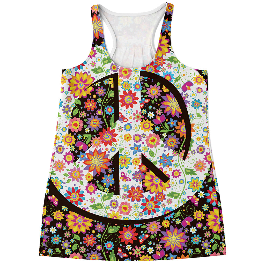 Hippie Flower Peace Sign Print Women's Racerback Tank Top